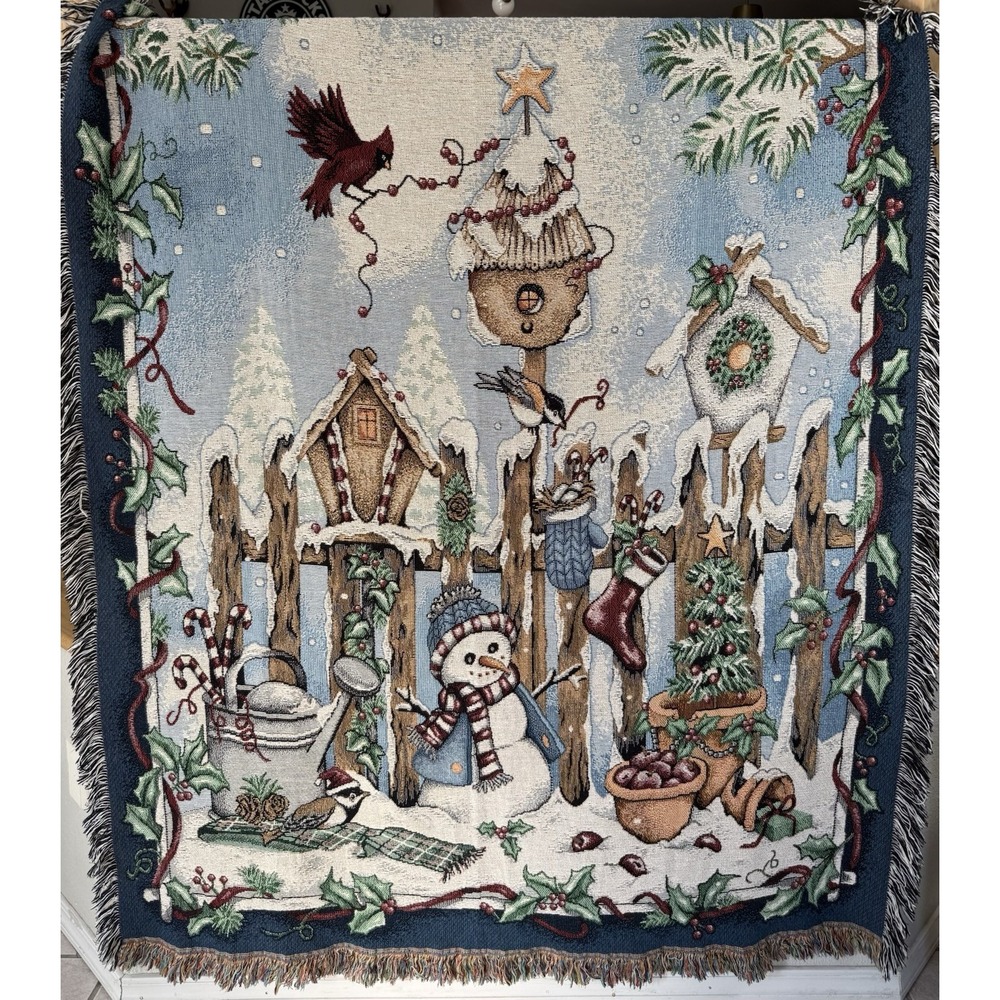 VTG Folk Snowman Christmas Tapestry Fringed Throw Blanket 69X52 Cottagecore